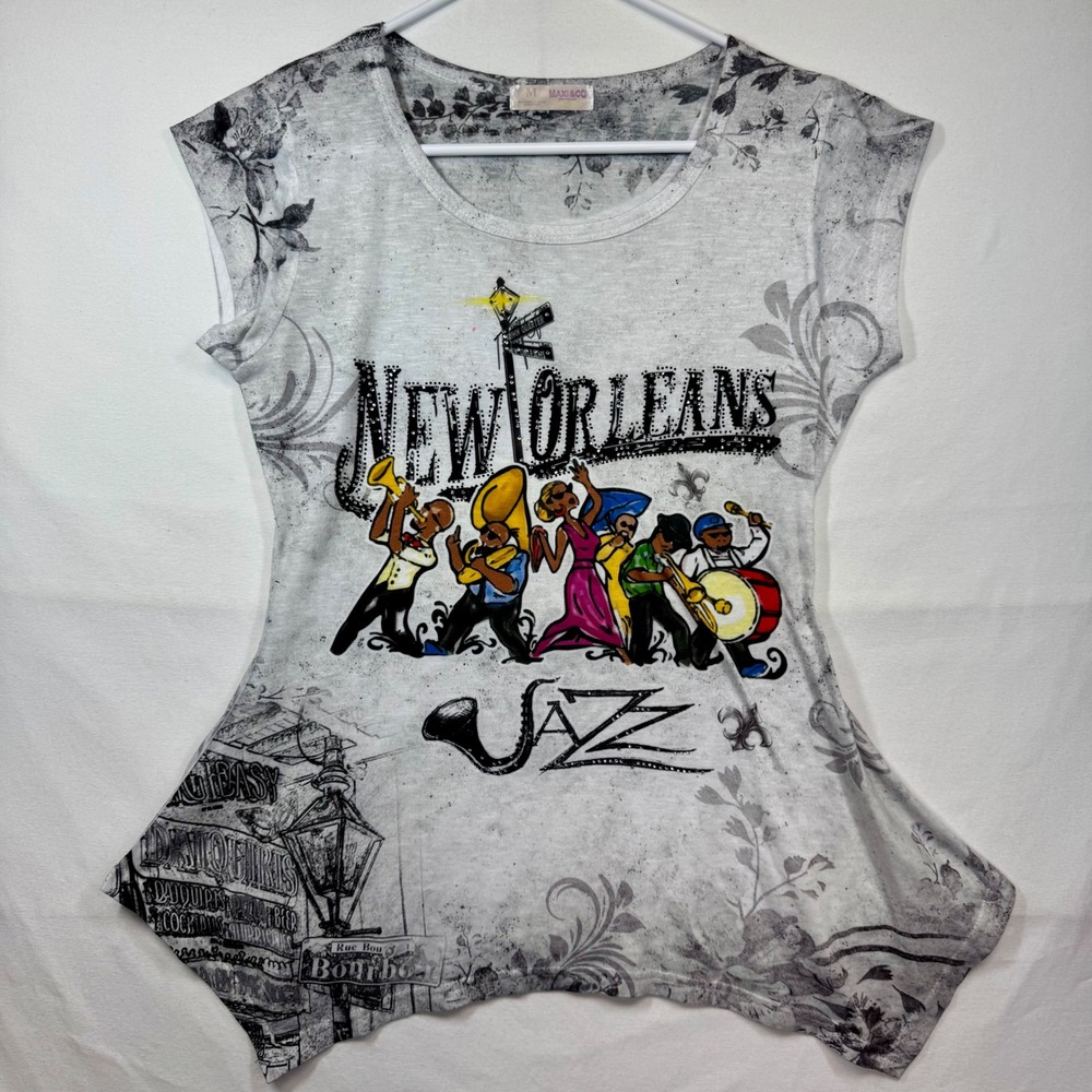 Maxi&Co New Orleans Jazz Band Graphic‎ Tee Rhinestone Accents Top Size Medium